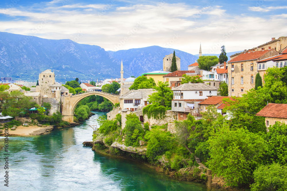Beautiful view Old bridge in Mostar, Bosnia and Herzegovina, on a sunny day