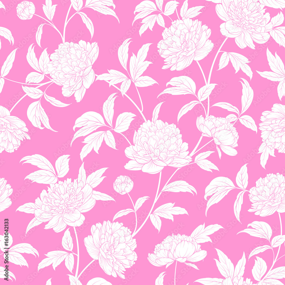 Luxurious peony wallapaper in vintage style. Seamless floral pattern with blossom flowers. Vector illustration.