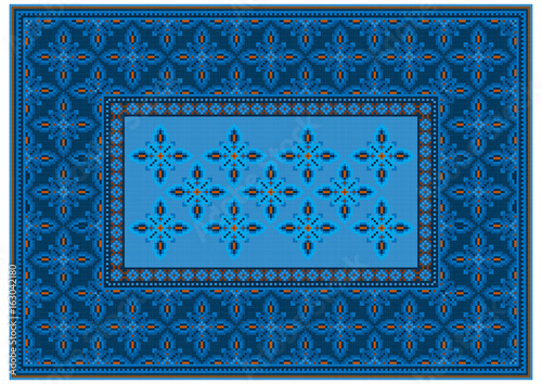 Luxury carpet with ethnic oriental ornament in blue shades and orange shades

