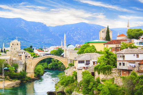 Beautiful view Old bridge in Mostar, Bosnia and Herzegovina, on a sunny day