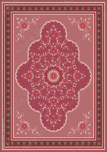 Luxury ethnic carpet with oriental floral ornament in pink,red and claret shades
