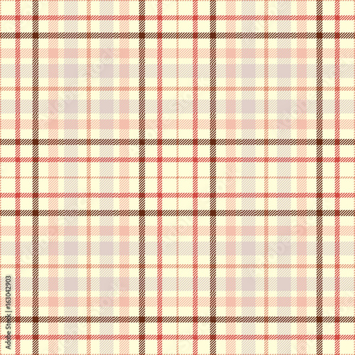 Seamless tartan plaid pattern. Checkered fabric texture print in stripes of dark and faded red, cream and pale grey. 