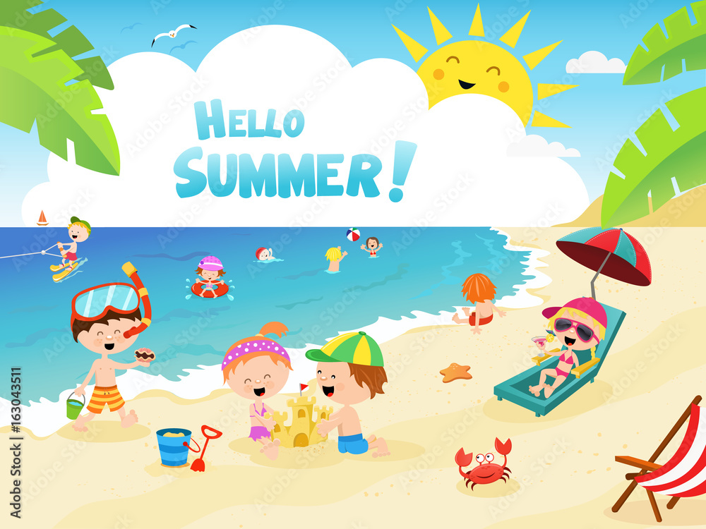 Naklejka premium Cute Little Kids At The Beach