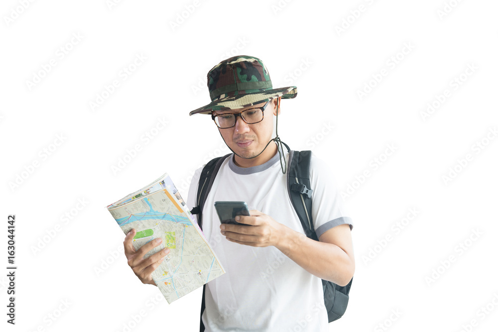Man tourist isolate with backpack, wearing camouflage field hat, using smartphone during photo shooting and handle travel map. Man tourist isolate with backpack, wearing camouflage field hat, using smartphone during photo shooting and handle travel map.