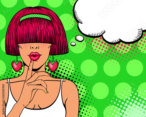 Wow pop art face. Sexy woman with pink hair, open mouth and big earrings in form of strawberry holding hand near her lips. Vector colorful background in pop art retro comic style. Invitation poster.