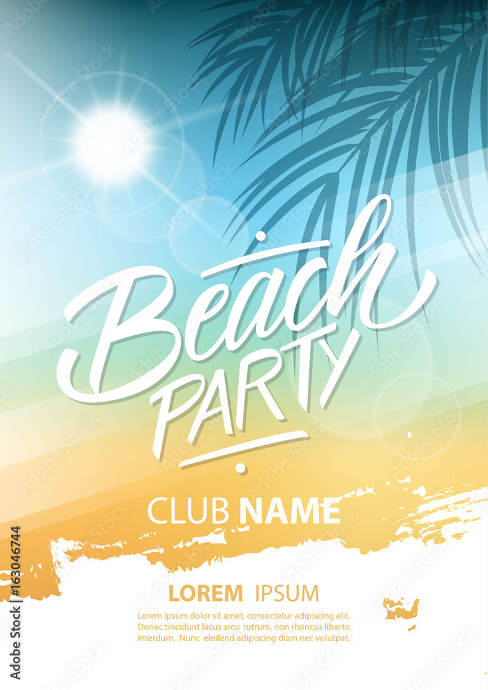 Naklejka premium Beach party poster with hand lettering and palm leaves. Vector illustration.
