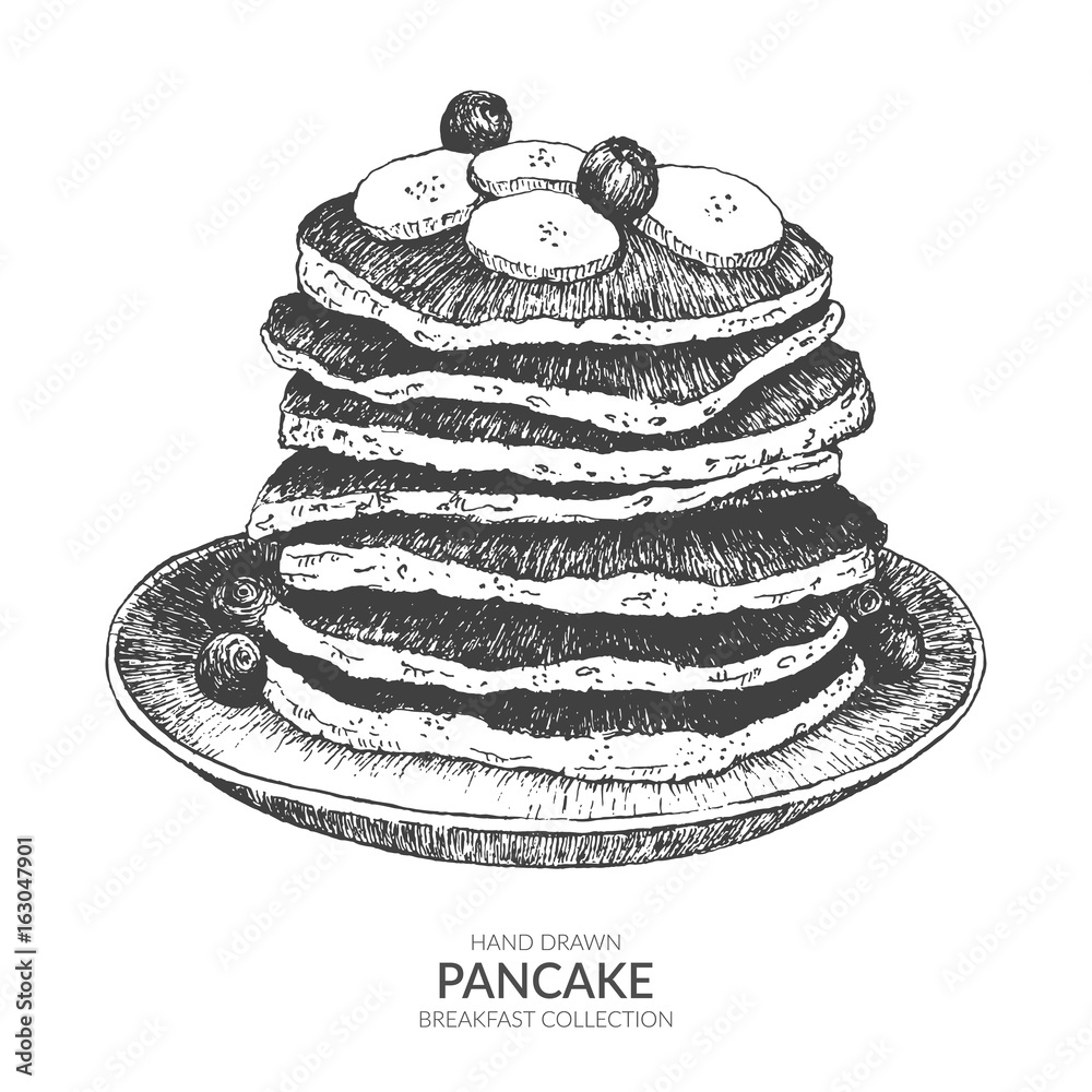 Hand drawn pancake with ink and pen. Vintage black and white illustration.  Breakfast or sweet and dessert vector element. Stock Vector