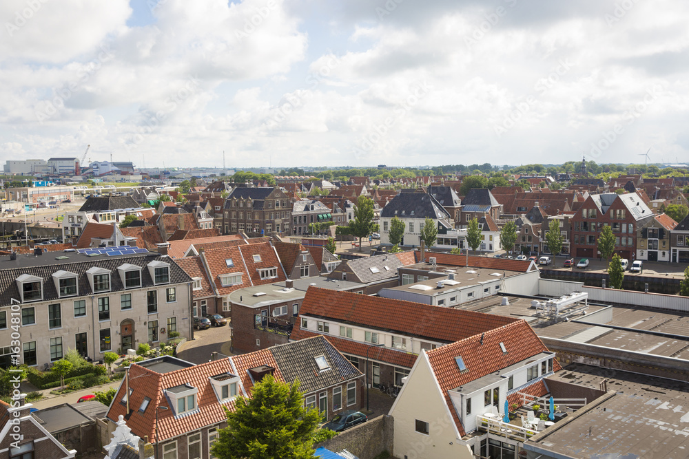 Aerial view over the orange roofs of Harlingen,, Friesland, The Netherlands
