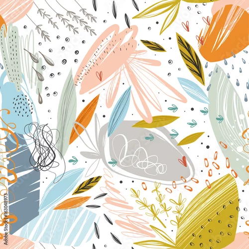 Tapety Wektorowy abstrakcjonistyczny bezszwowy wzór z skrobanin teksturami i doodle kwiecistymi elementami.