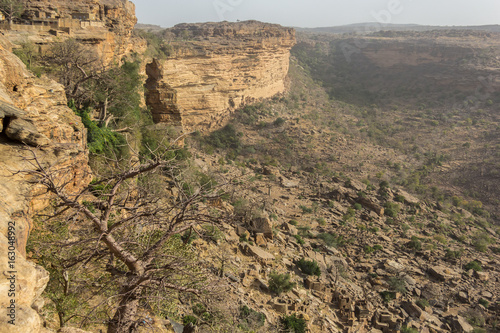 Village granaries with views of the Bandiagara escarpment, Pays Dogon, Mali, West Africa photo