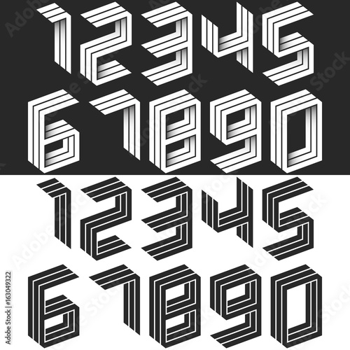 Numbers set isometric geometric shape, black and white creative idea hipster monogram digits form in the perspective. Collection of figures. Mathematical symbols 1, 2, 3, 4, 5, 6, 7, 8, 9, 0