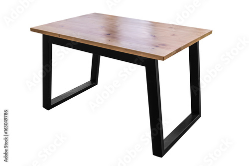 Modern wooden table with steel legs on white background, work with path.