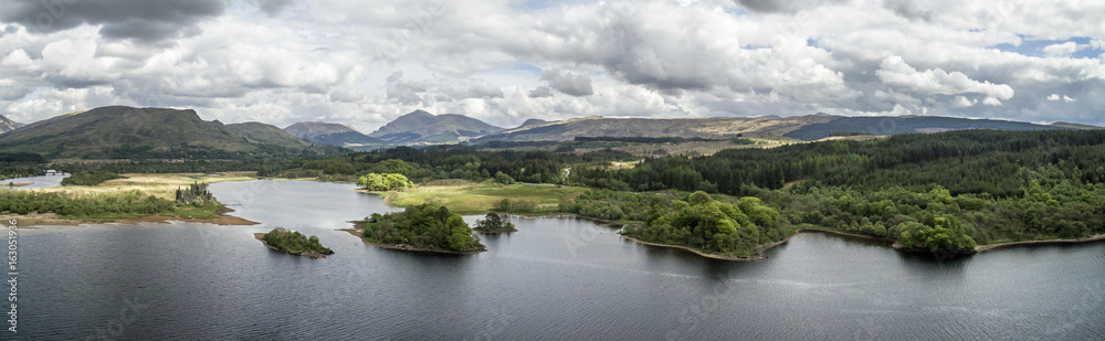 Aerial view of the ruins of historic Kilchurn Castle and Loch Awe