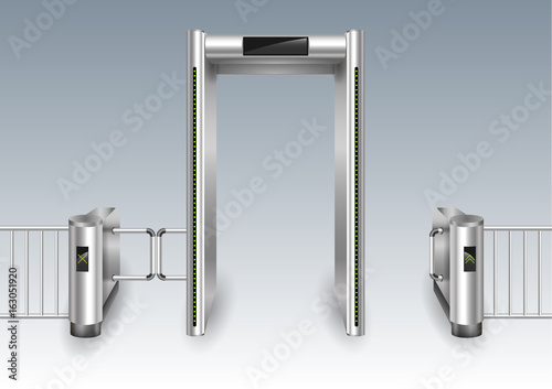 Portal frame metal detector controls and metal turnstiles for the airport or customs. Vector graphics