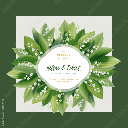 Spring floral greeting card.
Wedding invitation. Lily of the valley flowers and leaves - hand drawn vector illustration.