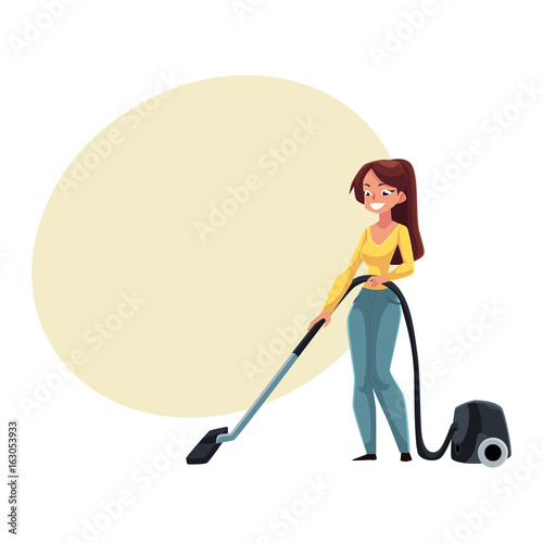 Pretty young woman, housewife cleaning house with vacuum cleaner, cartoon vector illustration with space for text. Full length portrait of woman, girl with vacuum cleaner doing housework