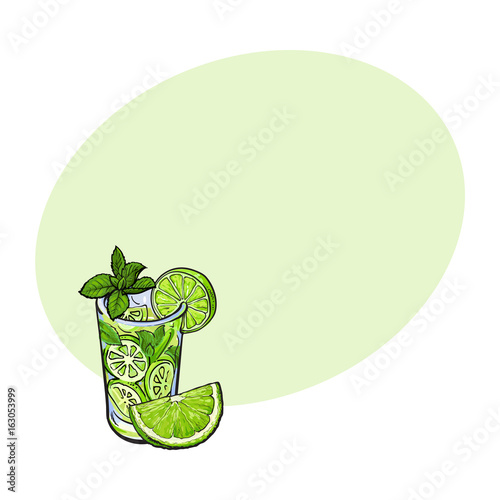 Lime quarter, piece and glass of freshly squeezed juice, mojito, cocktail with ice and mint, sketch vector illustration with space for text. Hand drawn glass of lime juice and lime quarter