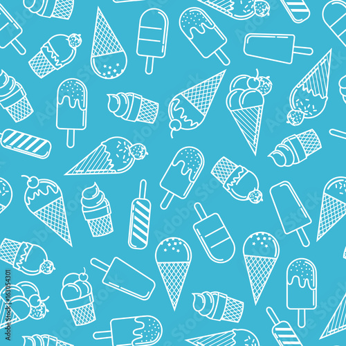 Ice cream cone seamless pattern on blue background. Ice cream line illustration background.