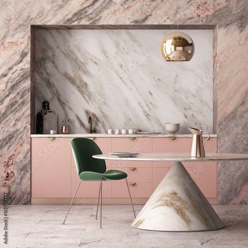 Fototapeta Naklejka Na Ścianę i Meble -  Mockup interior kitchen in pastel colors. 3D render, 3d illustration