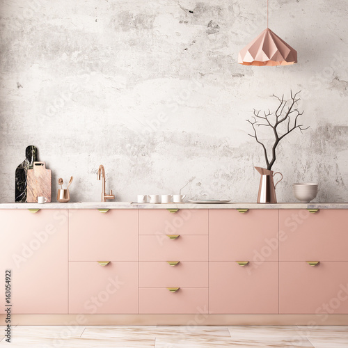Fototapeta Naklejka Na Ścianę i Meble -  Mockup interior kitchen in pastel colors. 3D render, 3d illustration