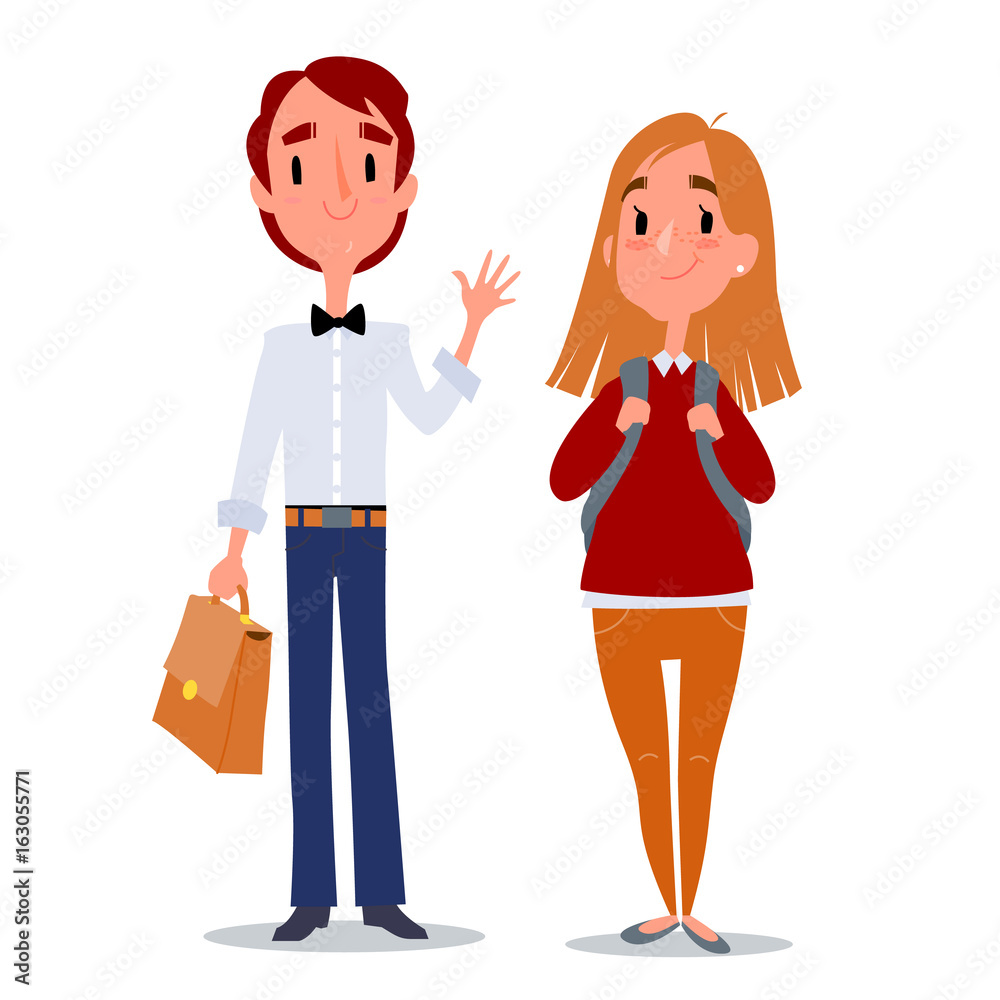 Back to school. Teenagers boy and girl. High school students with school bags. Isolated vector illustration on white