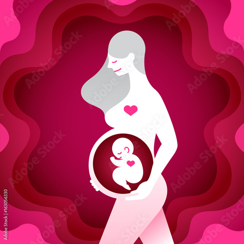 Vector illustration of pregnant mother silhouette with infant baby inside her stomach with pink heart. Mother day, baby shower, and pregnancy congratulations card concept. Motherly love for her child.