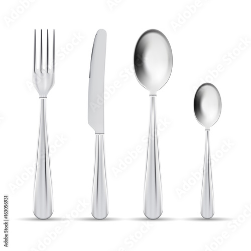 Vector Cutlery Set Of Silver Forks Spoons And Knifes Isolated On A White Background.