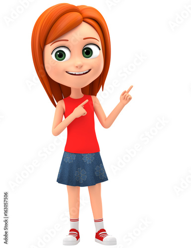 Happy young girl on white background points with fingers on empty space. 3d rendering.
