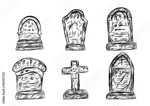 Halloween graveyard sketch by hand drawing.Black and white graveyard in halloween.Set of graveyard.