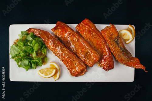 Different dishes with sea food and fish are basis of a healthy diet photo