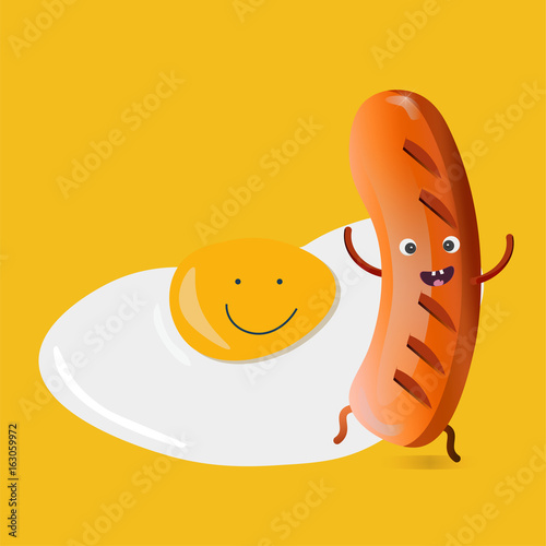 Happy sausage and fried egg characters. Breakfast mascots. Great as hotel restaurant delicious breakfast poster or any other promotion material. 