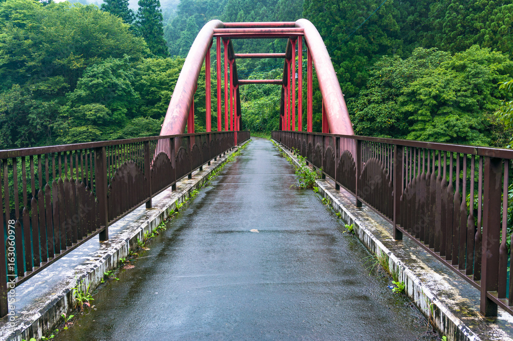 Perspective view of bright red arch bridge