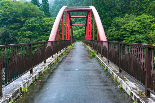 Perspective view of bright red arch bridge © Olga K