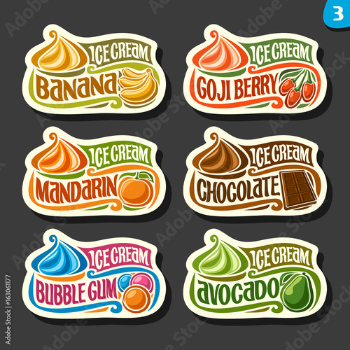 Vector set of fruit Ice Cream labels: 6 logos of different flavor italian icecream dessert, six art icons with title - ice cream, on black background, soft mixed gelato ice cream served of swirl cone.