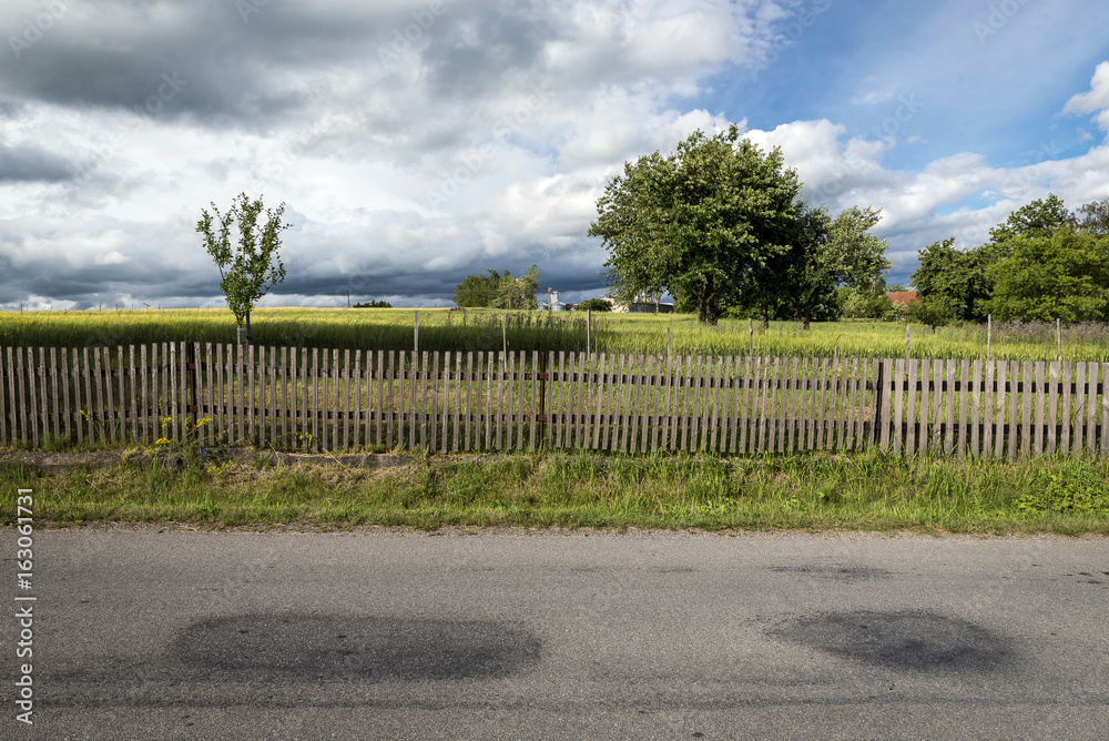 Road fence, meadow with trees and clouds Road fence, meadow with trees and clouds
