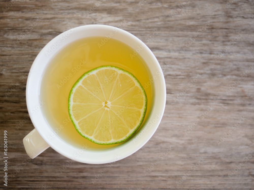 Lemon honey hot tea in top view with copy space.