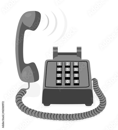 Black stationary phone with button keypad and raised handset