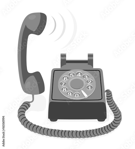 Black stationary phone with rotary dial and raised handset