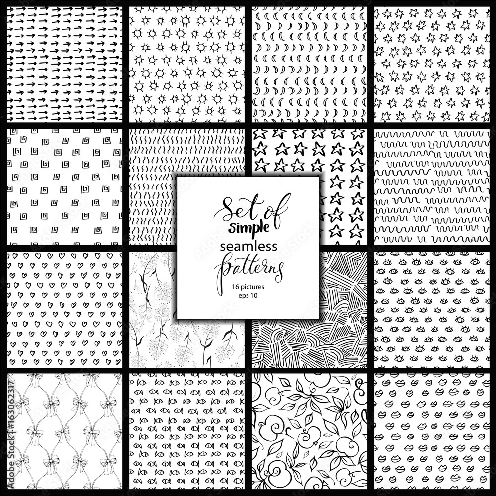 Set of hand drawn simple black and white textures