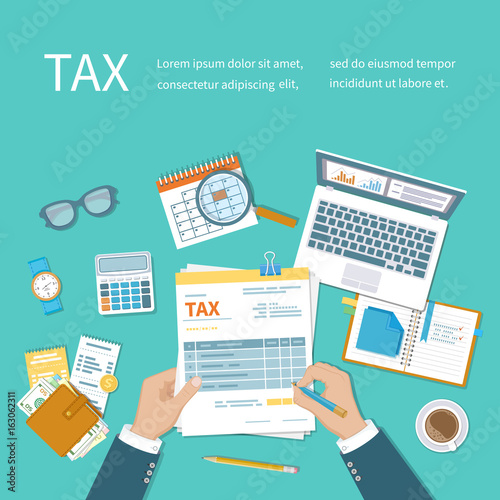 Tax calculation payment concept. Man fills the form of taxation. Forms, documents, wallet, credit cards, calculator, coffee, glasses, laptop, calendar, magnifier, watch. Vector illustration background