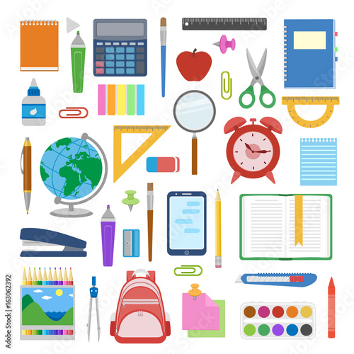 School supplies and items set isolated on white background. Back to school equipment. Education workspace accessories. Infographic elements. Vector illustration.