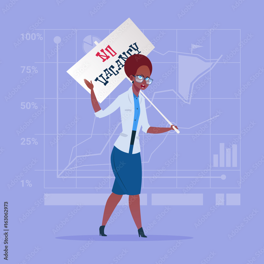 African American Business Woman Hold No Vacancy Poster Unemployment Concept Flat Vector Illustration African American Business Woman Hold No Vacancy Poster Unemployment Concept Flat Vector Illustration