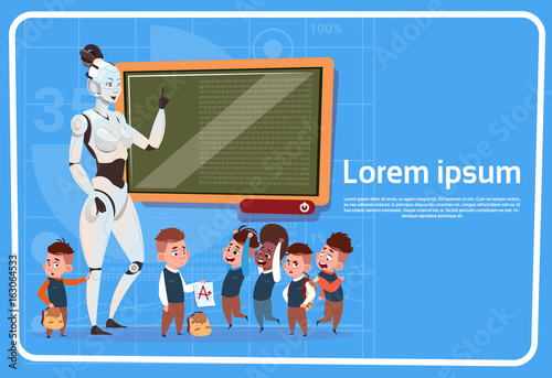 Modern Robot Female Teacher In School Teaching Kids Futuristic Artificial Intelligence Technology Concept Flat Vector Illustration