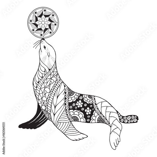 Zentangle stylized seal balancing ball on nose. Vector, illustration, freehand pencil, pattern. Zen art. Black and white illustration on white background. Adult anti-stress coloring book.