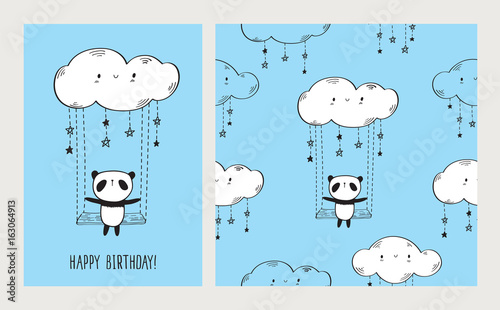 Fototapeta Naklejka Na Ścianę i Meble -  Happy Birthday. Greeting card with cute panda on the swing and seamless pattern for gift wrap, textile or book covers, wallpapers and scrapbook. Blue background. Vector illustration.