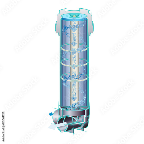 Swirling water filtration system with bubbles to simulate flow direction.. 