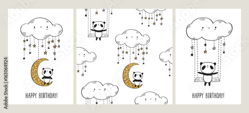 Fototapeta Naklejka Na Ścianę i Meble -  Happy Birthday. Set of Greeting cards with cute pandas on the moon and swing. Seamless pattern for gift wrap, textile or book covers, wallpapers and scrapbook. White background. Vector illustration.