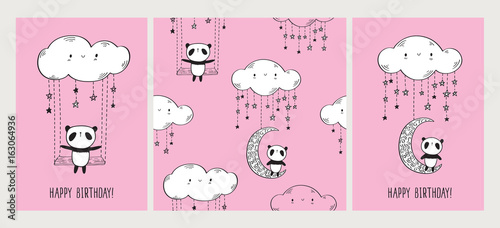 Fototapeta Naklejka Na Ścianę i Meble -  Set of Greeting cards with cute pandas on the moon and swing. Seamless pattern for gift wrap, textile or book covers, wallpapers and scrapbook. Happy Birthday. Pink background. Vector illustration.