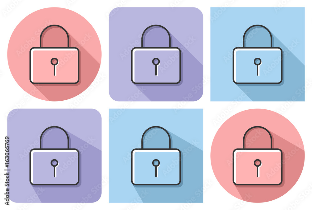 Outlined icon of locked padlock with parallel and not parallel long shadows Outlined icon of locked padlock with parallel and not parallel long shadows
