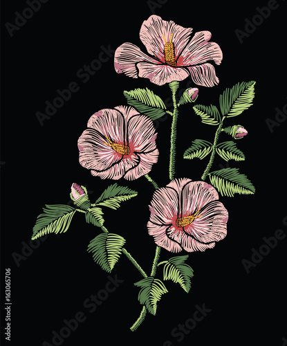 Fototapeta Naklejka Na Ścianę i Meble -  Embroidery stitches with pink hibiscus flowers with green leaves in pastel color. Vector fashion ornament on black background for traditional floral decoration. Pattern for textile and fabrics.